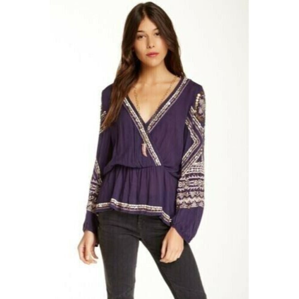 Free People‎ Women Stitch Up Your Heart Top Size XS Purple Long Sleeve Blouse